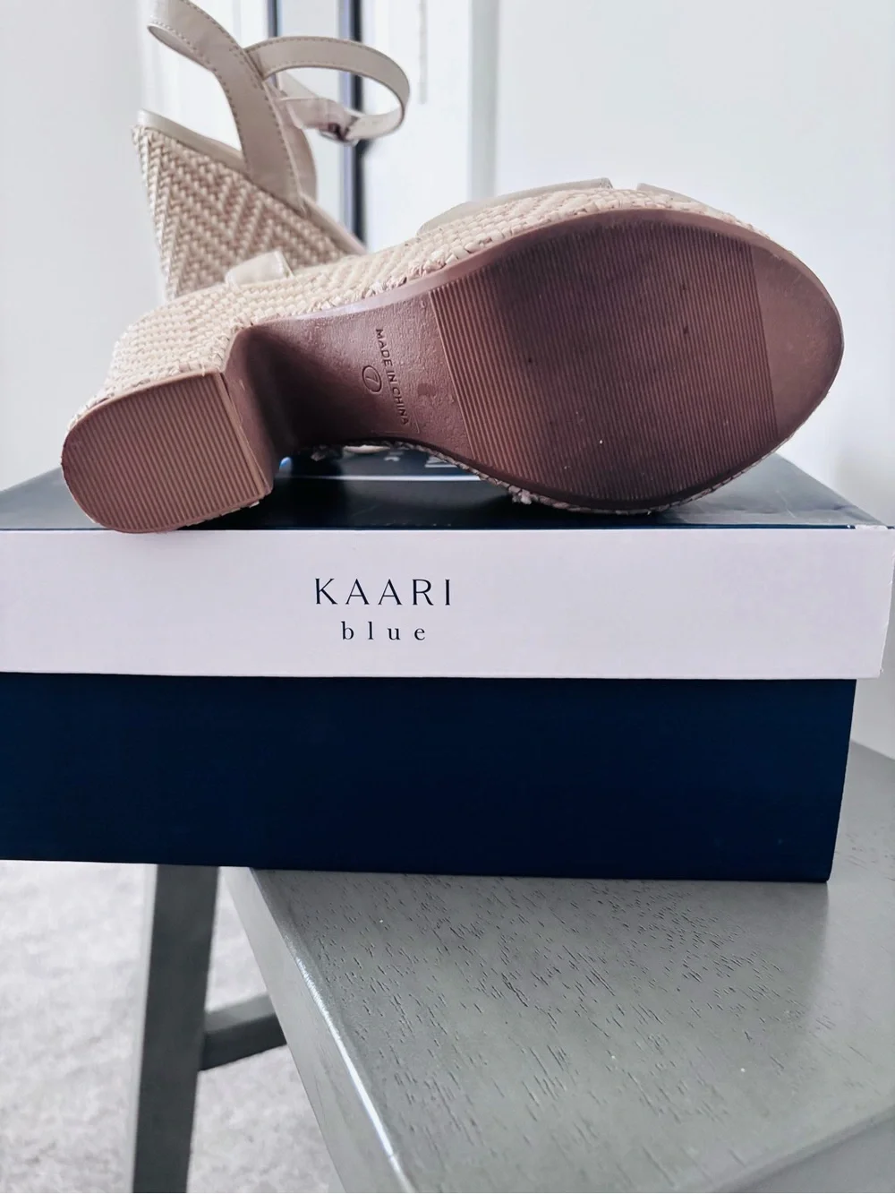 Kaari Blue Beige Woven Platform Sandals with Ankle Strap